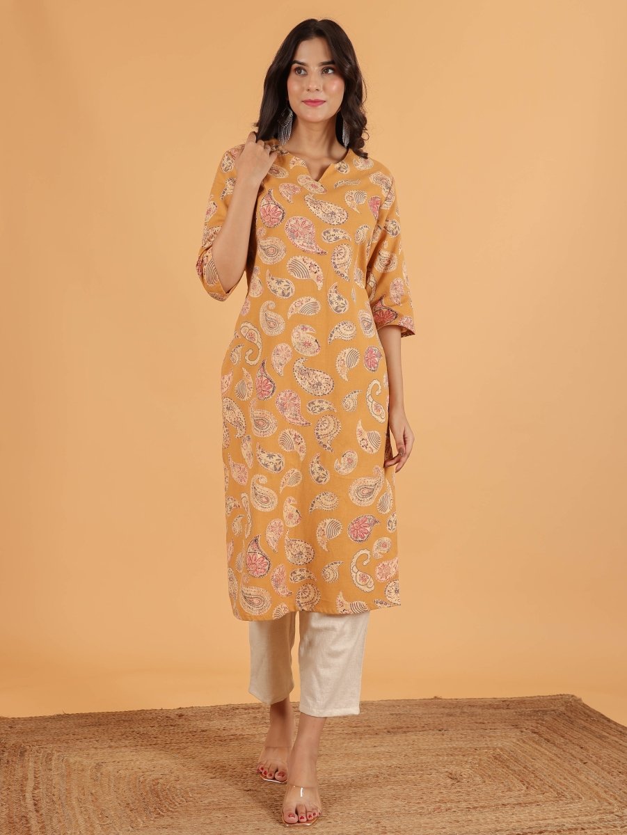 Aramya Straight Linen Cotton Paisley Print Women's Kurta Set - Yellow | Grocsy