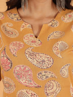 Aramya Straight Linen Cotton Paisley Print Women's Kurta Set - Yellow | Grocsy