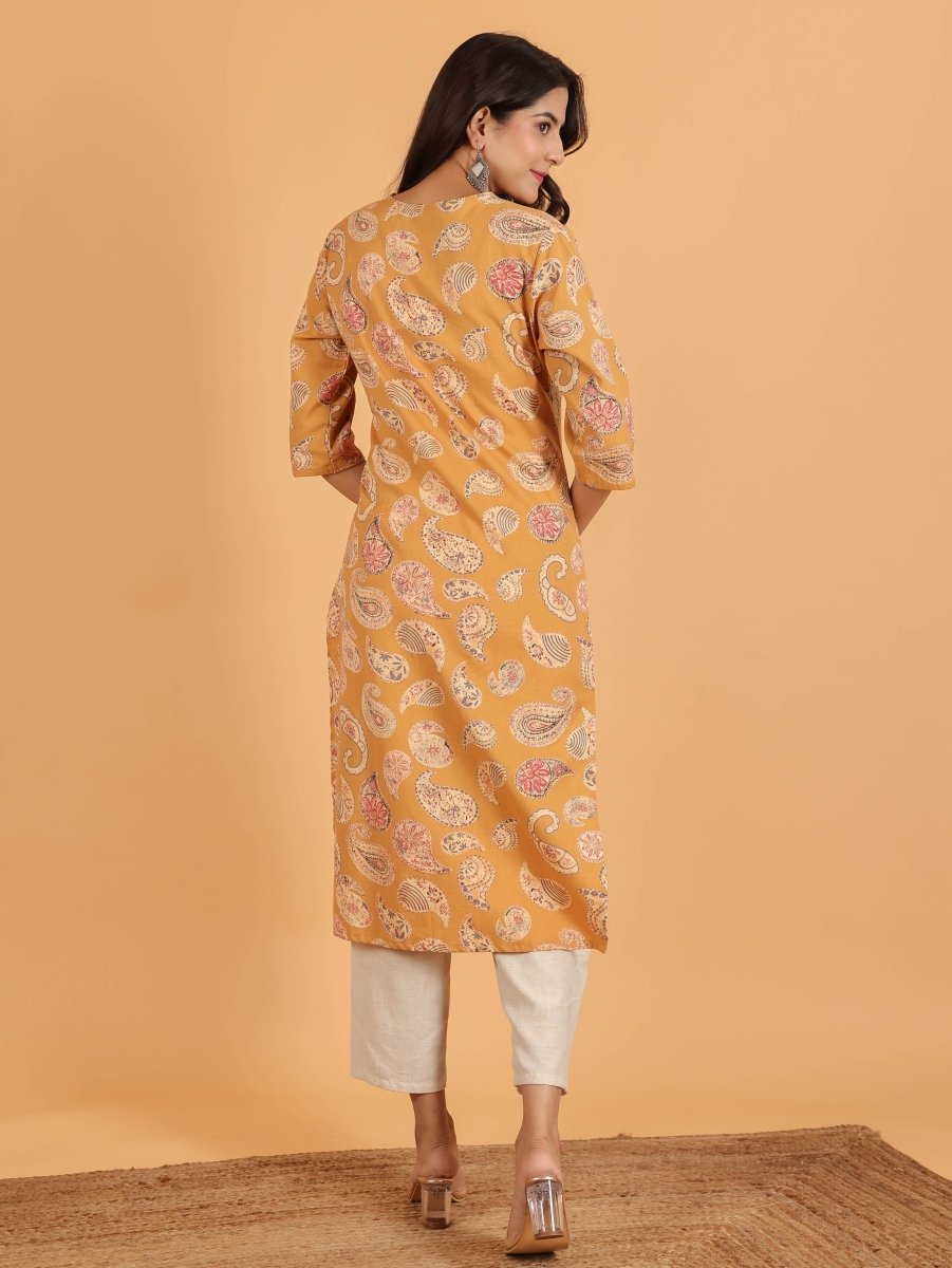 Aramya Straight Linen Cotton Paisley Print Women's Kurta - Yellow | Grocsy