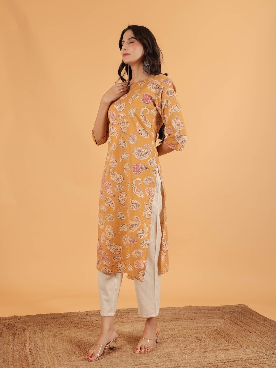Aramya Straight Linen Cotton Paisley Print Women's Kurta - Yellow | Grocsy