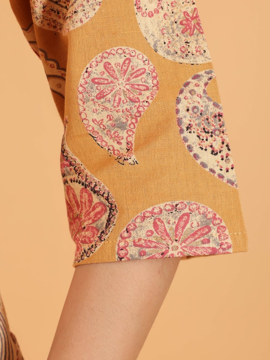 Aramya Straight Linen Cotton Paisley Print Women's Kurta - Yellow | Grocsy