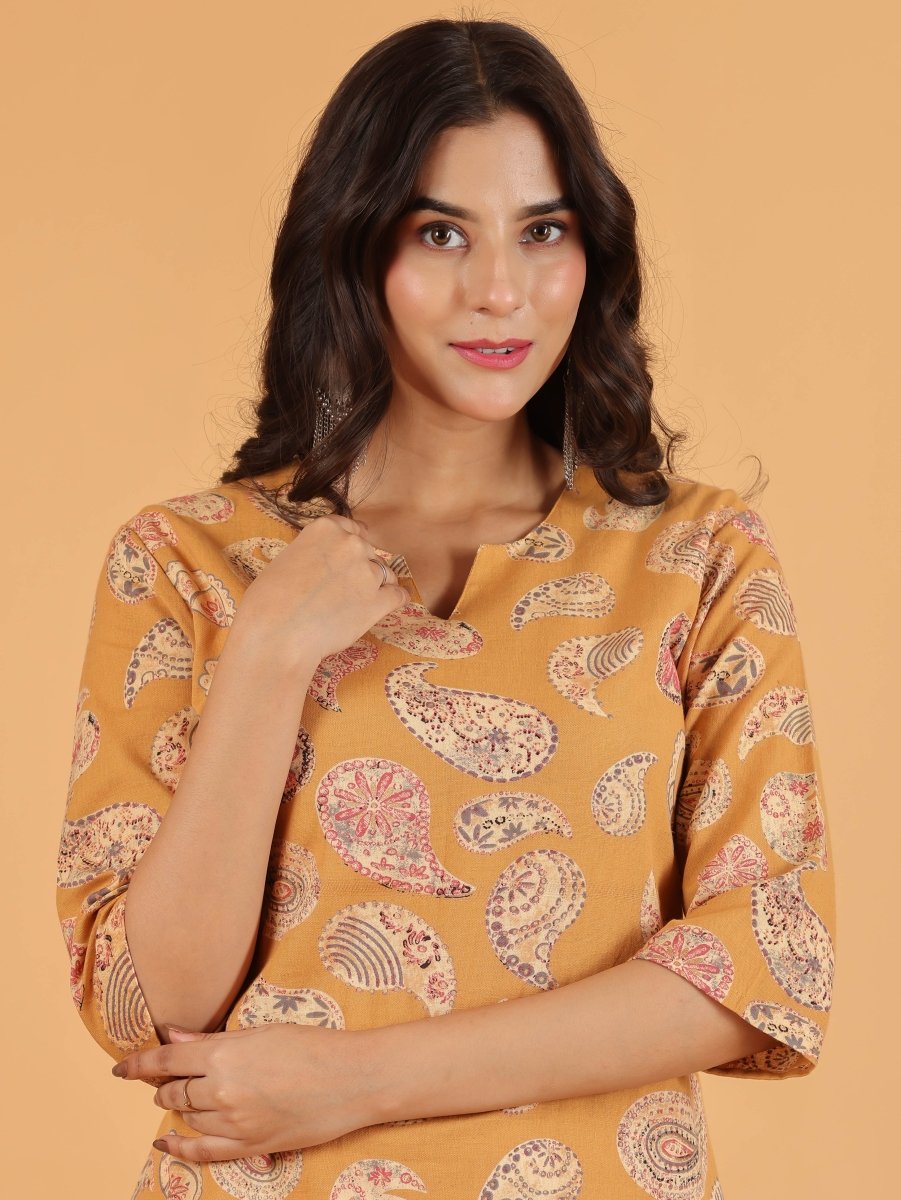 Aramya Straight Linen Cotton Paisley Print Women's Kurta Set - Yellow | Grocsy