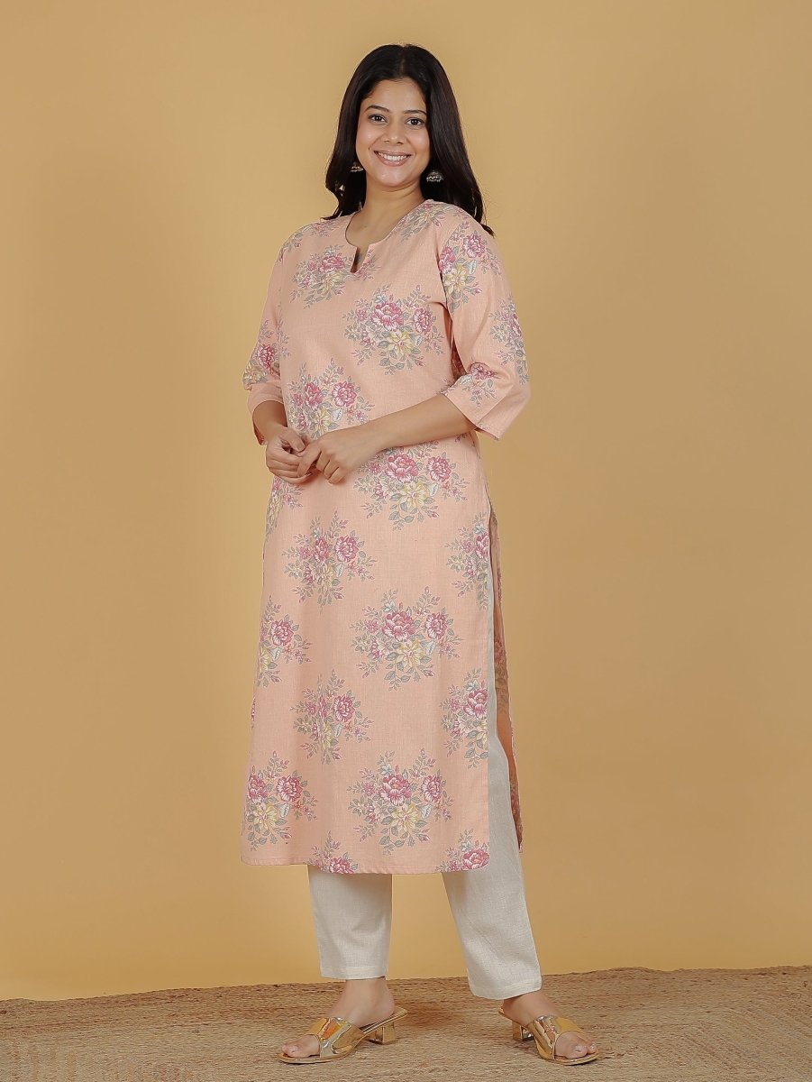 Aramya Straight Linen Cotton Floral Print Women's Kurta Set - Orange | Grocsy