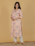 Aramya Straight Linen Cotton Floral Print Women's Kurta Set - Orange | Grocsy
