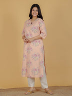 Aramya Straight Linen Cotton Floral Print Women's Kurta Set - Orange | Grocsy