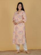 Aramya Straight Linen Cotton Floral Print Women's Kurta - Orange | Grocsy