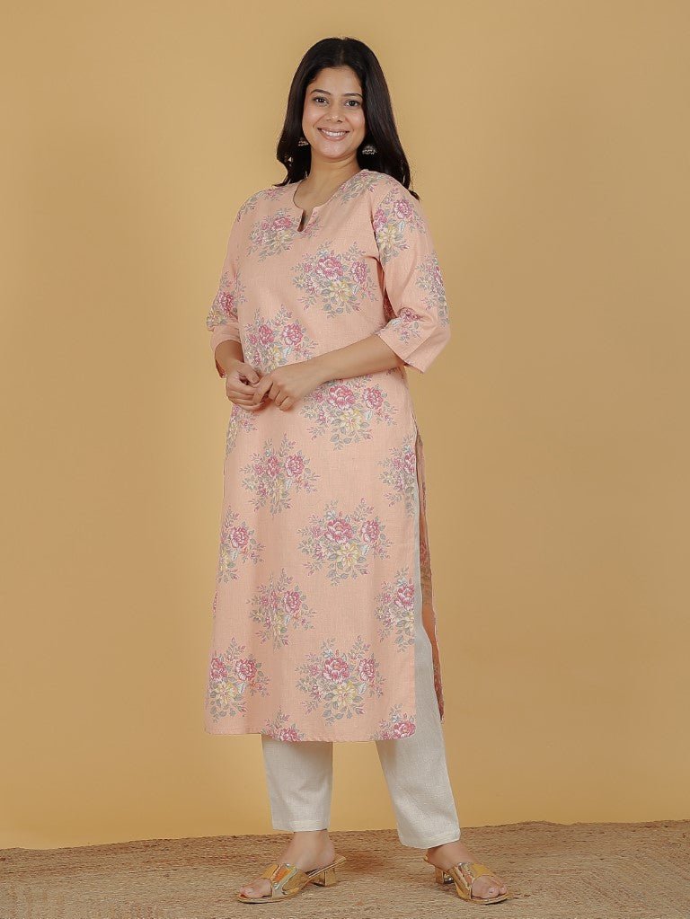 Aramya Straight Linen Cotton Floral Print Women's Kurta - Orange | Grocsy