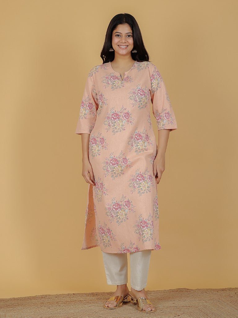 Aramya Straight Linen Cotton Floral Print Women's Kurta - Orange | Grocsy