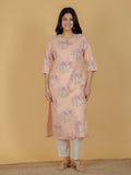 Aramya Straight Linen Cotton Floral Print Women's Kurta - Orange | Grocsy