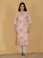 Aramya Straight Linen Cotton Floral Print Women's Kurta - Orange | Grocsy