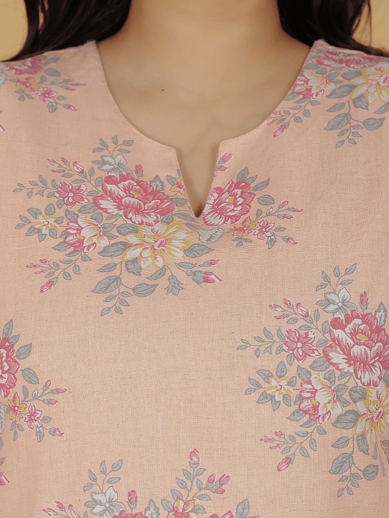 Aramya Straight Linen Cotton Floral Print Women's Kurta - Orange | Grocsy