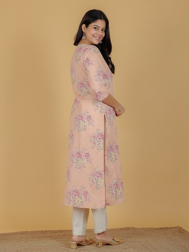 Aramya Straight Linen Cotton Floral Print Women's Kurta - Orange | Grocsy