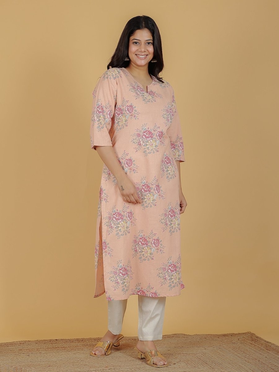 Aramya Straight Linen Cotton Floral Print Women's Kurta Set - Orange | Grocsy