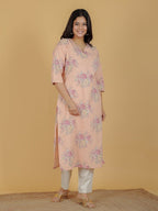 Aramya Straight Linen Cotton Floral Print Women's Kurta Set - Orange | Grocsy