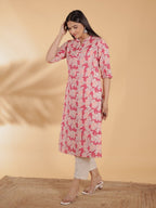 Aramya Straight Linen Cotton Floral Print Women's Kurta - Pink | Grocsy