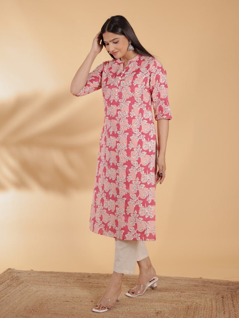Aramya Straight Linen Cotton Floral Print Women's Kurta Set - Pink | Grocsy