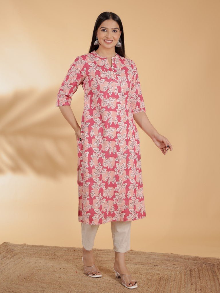 Aramya Straight Linen Cotton Floral Print Women's Kurta Set - Pink | Grocsy