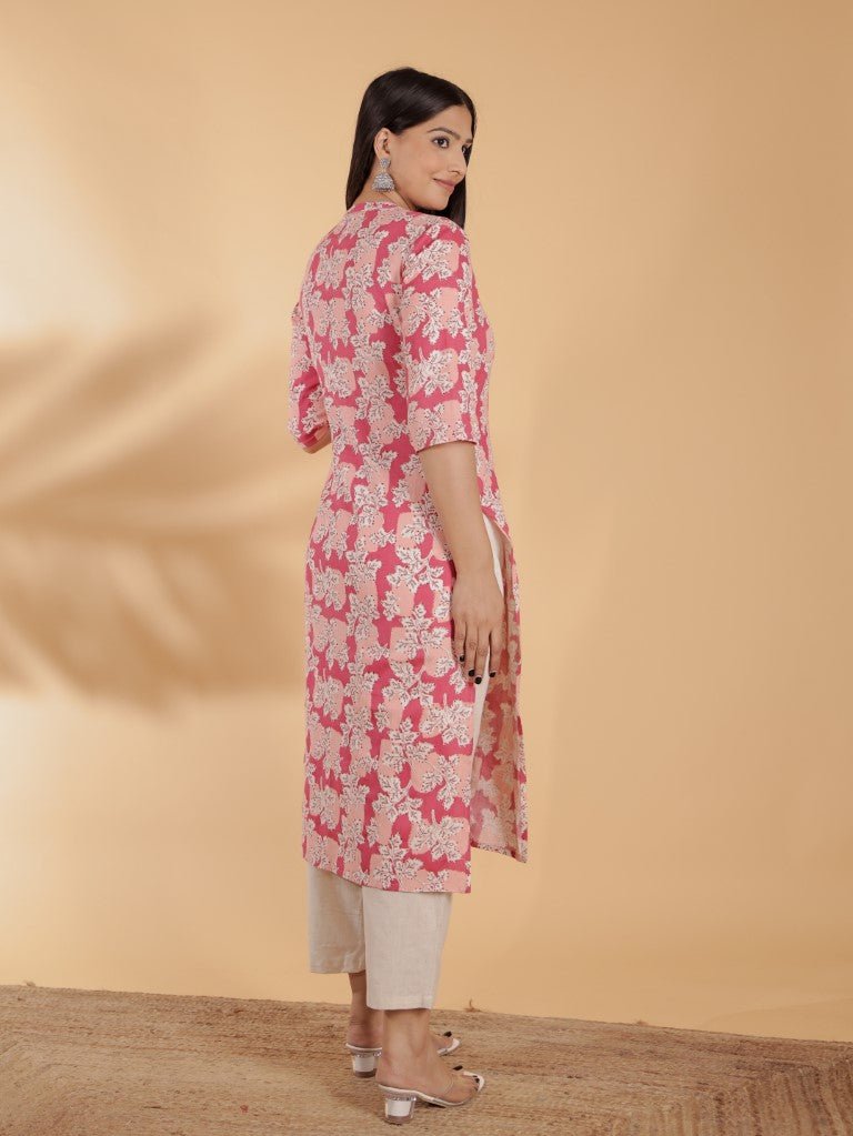 Aramya Straight Linen Cotton Floral Print Women's Kurta Set - Pink | Grocsy