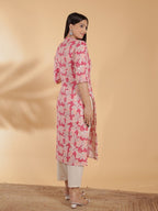 Aramya Straight Linen Cotton Floral Print Women's Kurta Set - Pink | Grocsy