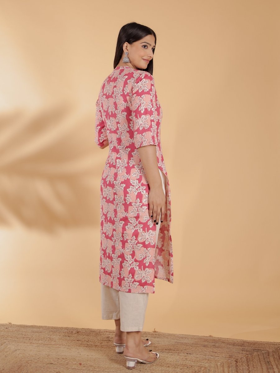 Aramya Straight Linen Cotton Floral Print Women's Kurta - Pink | Grocsy