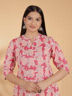 Aramya Straight Linen Cotton Floral Print Women's Kurta Set - Pink | Grocsy