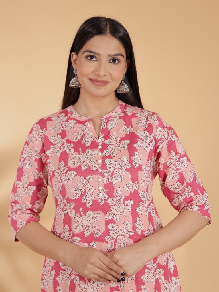 Aramya Straight Linen Cotton Floral Print Women's Kurta Set - Pink | Grocsy