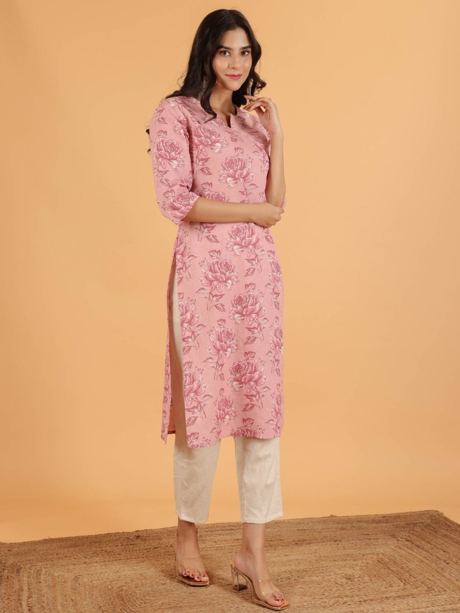 Aramya Straight Linen Cotton Floral Print Women's Kurta - Pink | Grocsy