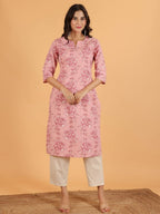 Aramya Straight Linen Cotton Floral Print Women's Kurta Set - Pink | Grocsy