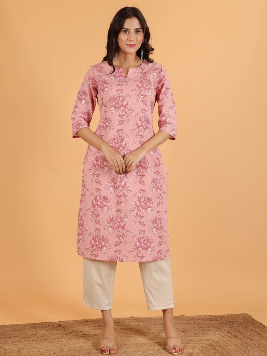 Aramya Straight Linen Cotton Floral Print Women's Kurta - Pink | Grocsy
