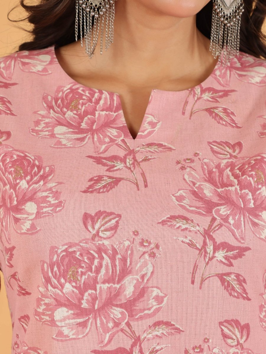 Aramya Straight Linen Cotton Floral Print Women's Kurta - Pink | Grocsy