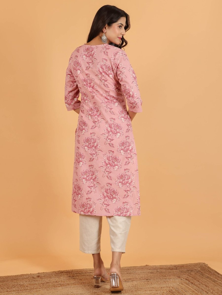Aramya Straight Linen Cotton Floral Print Women's Kurta Set - Pink | Grocsy