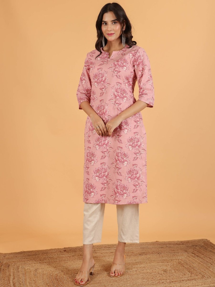 Aramya Straight Linen Cotton Floral Print Women's Kurta Set - Pink | Grocsy