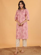 Aramya Straight Linen Cotton Floral Print Women's Kurta - Pink | Grocsy