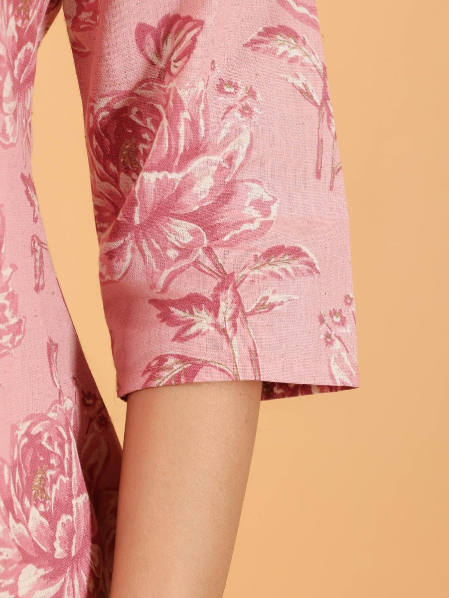 Aramya Straight Linen Cotton Floral Print Women's Kurta - Pink | Grocsy