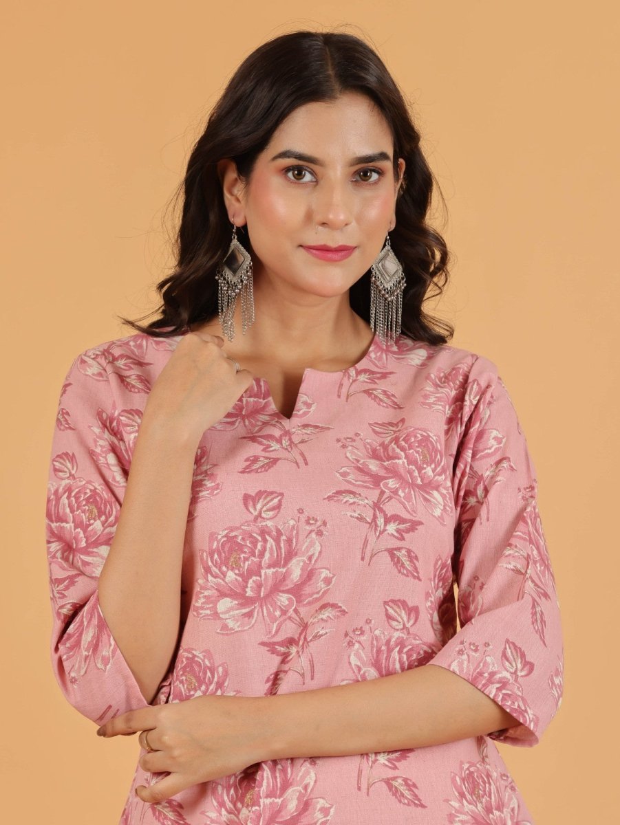 Aramya Straight Linen Cotton Floral Print Women's Kurta Set - Pink | Grocsy