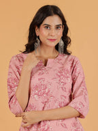 Aramya Straight Linen Cotton Floral Print Women's Kurta - Pink | Grocsy
