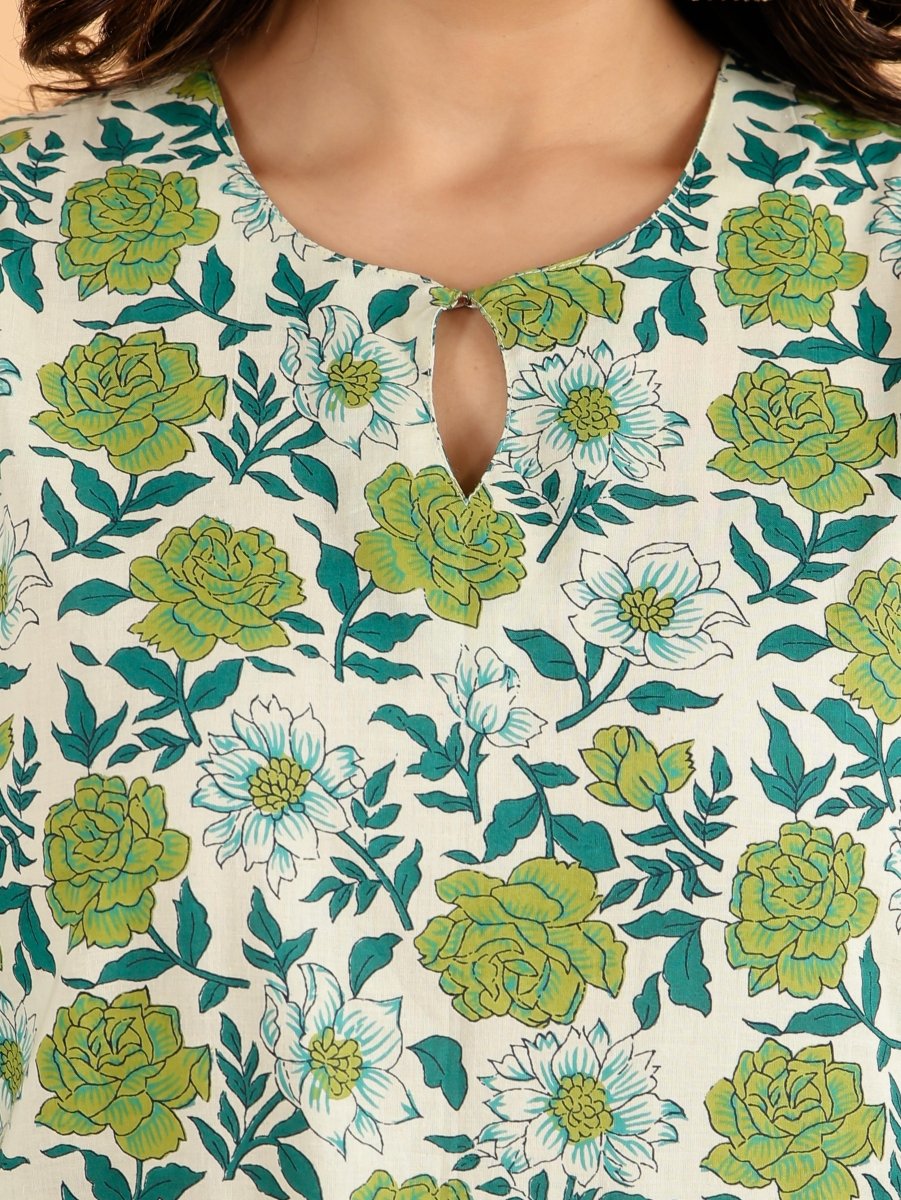 Aramya Straight Soft Cotton Floral Print Women's Kurta - Green | Grocsy