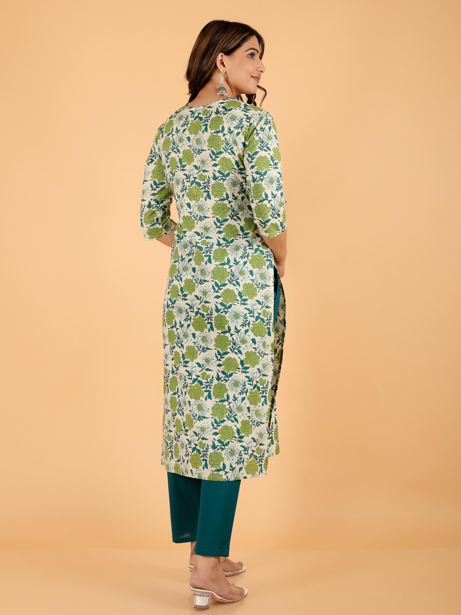 Aramya Straight Soft Cotton Floral Print Women's Kurta - Green | Grocsy