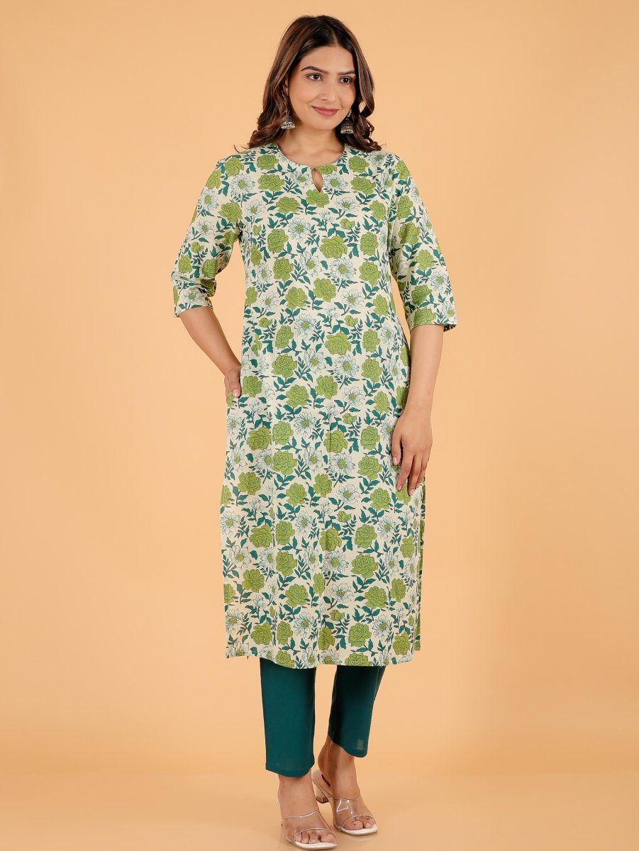 Aramya Straight Soft Cotton Floral Print Women's Kurta - Green | Grocsy