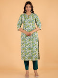 Aramya Straight Soft Cotton Floral Print Women's Kurta - Green | Grocsy