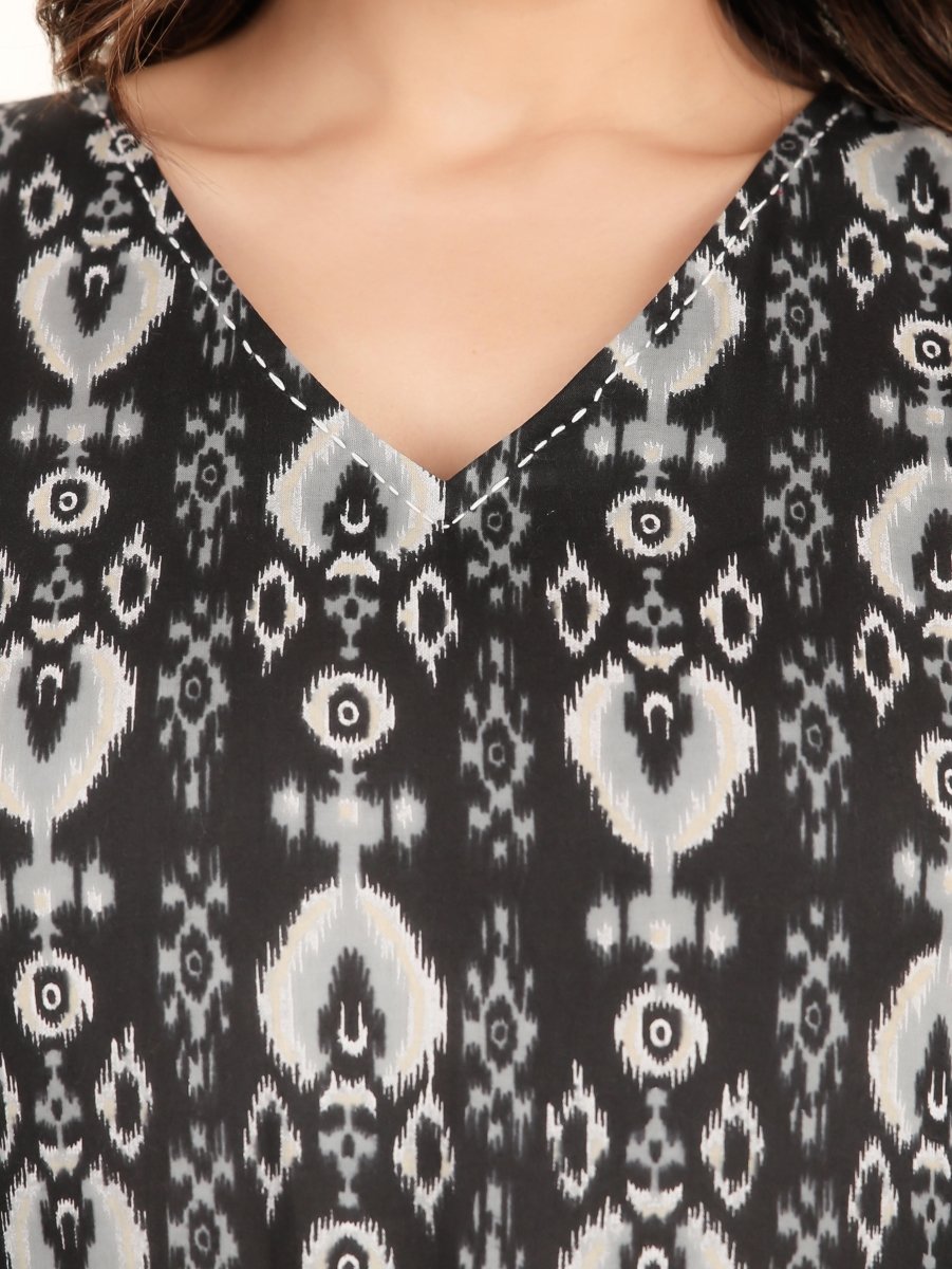 Aramya Straight Soft Cotton Ikat Print Women's Kurta - Black | Grocsy