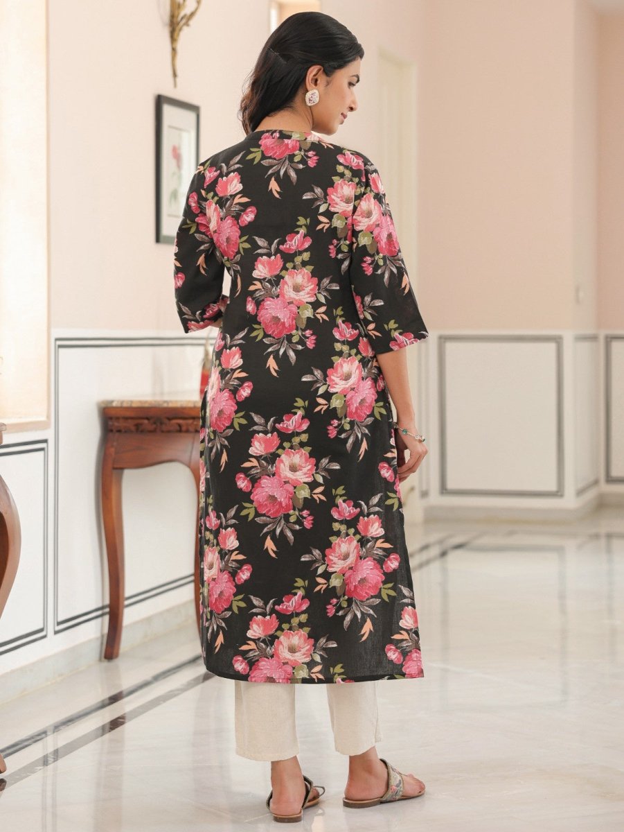 Aramya Straight Linen Cotton Floral Print Women's Kurta - Black | Grocsy