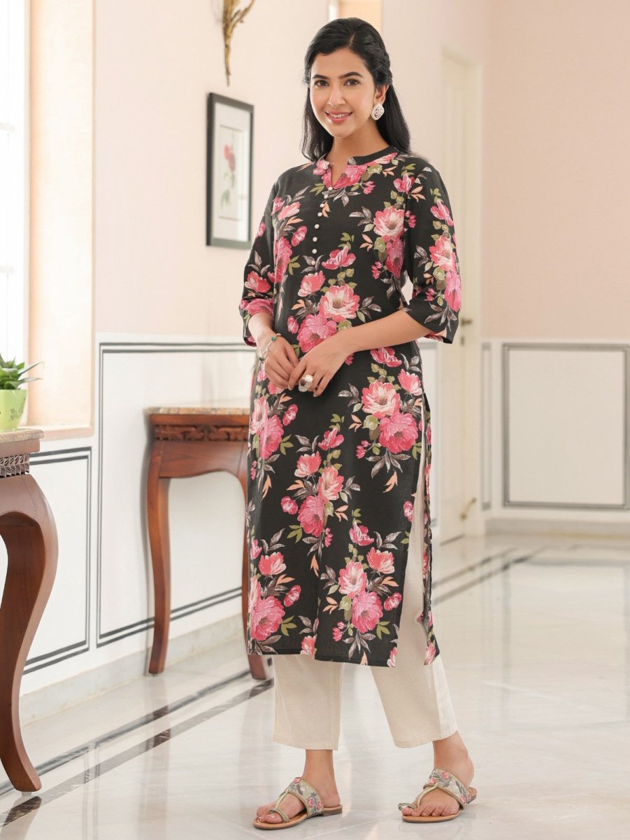 Aramya Straight Linen Cotton Floral Print Women's Kurta - Black | Grocsy