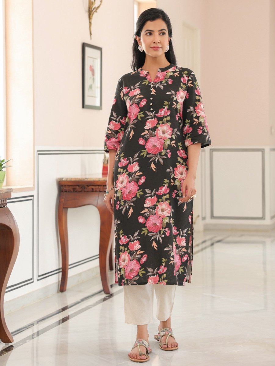 Aramya Straight Linen Cotton Floral Print Women's Kurta - Black | Grocsy
