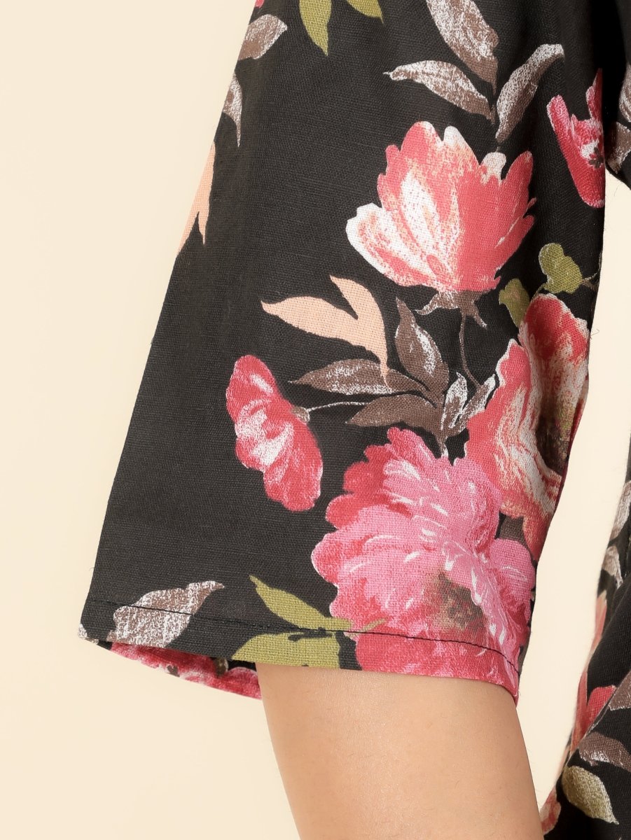 Aramya Straight Linen Cotton Floral Print Women's Kurta - Black | Grocsy