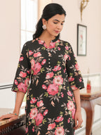 Aramya Straight Linen Cotton Floral Print Women's Kurta - Black | Grocsy