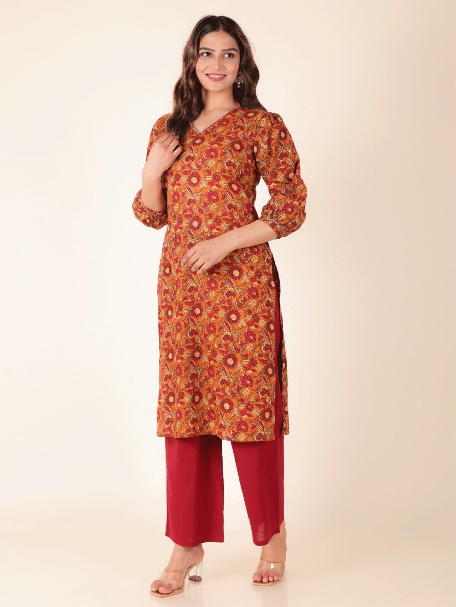 Aramya Straight Soft Cotton Floral Print Women's Kurta - Yellow | Grocsy