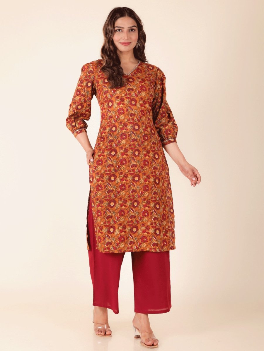 Aramya Straight Soft Cotton Floral Print Women's Kurta - Yellow | Grocsy