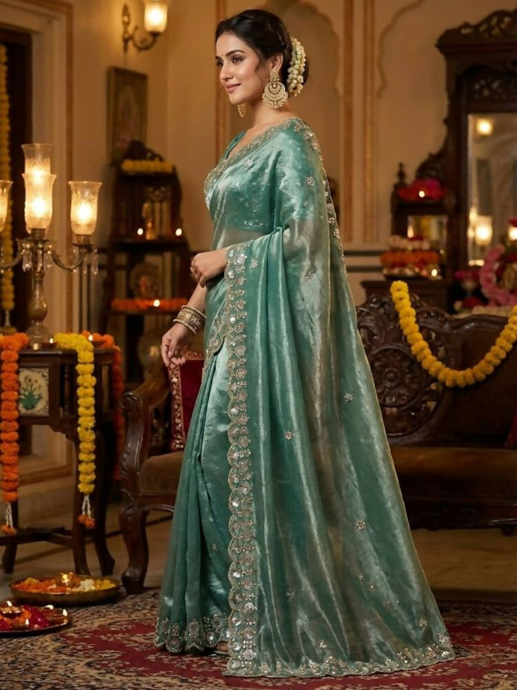 Joban Fashion Green Fandy Satin Silk Party Wear Sarees | Grocsy