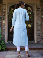 Juniper Women's Blue Cambric Embroidered Straight Kurta | Grocsy